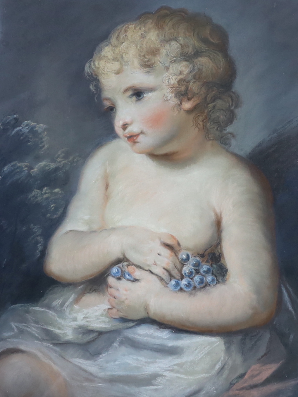 Manner of Joshua Reynolds (1723-1792), 19th century pastel, Portrait of a child holding grapes, ornate gilt frame, 57 x 44cm